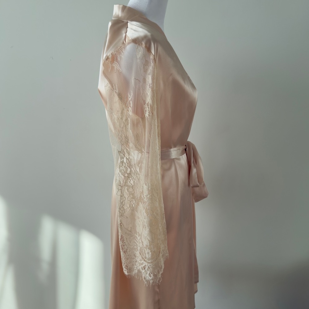 Satin Lace-Trim Robe in Champagne - Women Intimates & Sleepwear Bridal Kimono - Picture 8 of 9